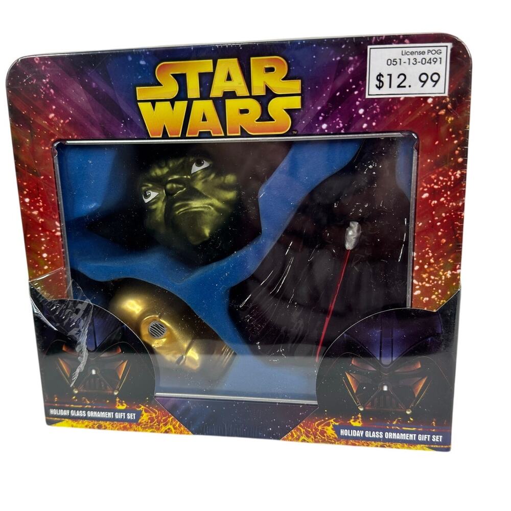 Star Wars Holiday Glass Ornament 2005 Kurt Adler Tin Gift Set Vader,Yoda,C-3PO